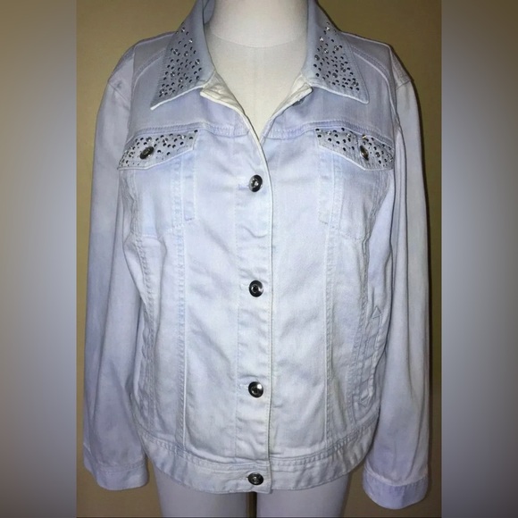 Chico's Platinum Light Baby Blue Stud Rhinestone Denim Jacket - Picture 2 of 11